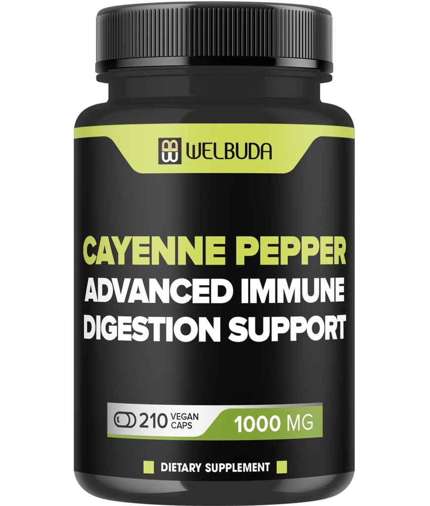 210 kapsler - Cayenne Pepper Supplement Ekstrakt 10:1 med Berberine HCI, hvitløksbulb, olivenblad og mer - Kombinert Formel for digestiv helse, hjertehelse og immunitetsfunksjon støtte