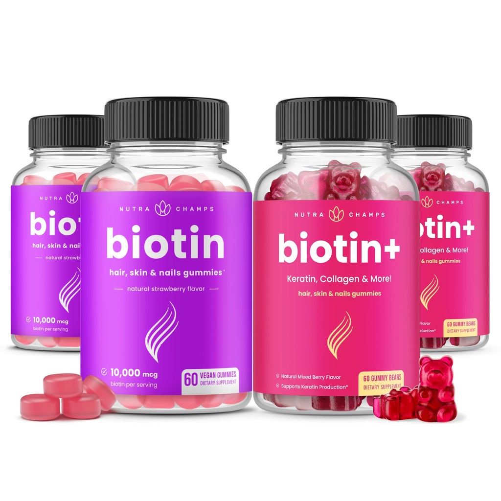 NutraChamps Biotin & Biotin+. Den komplette duo for hår, hud og negler. Biotin, Collagen, Keratin og mer