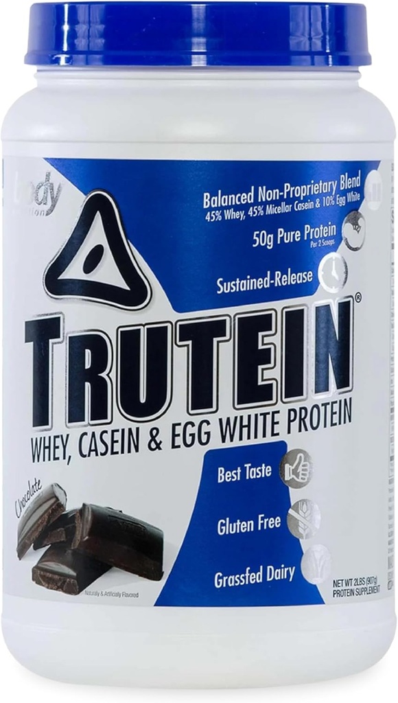 Body Nutrition Trutein High Protein pulver: 45% Whey, 45% Casein, 10% Egg Hvitt Protein Shake Mix, Glutenfri, Lav Natrium, Lavkarboprotein supplement pulver for menn og kvinner, sjokolade, 2lb