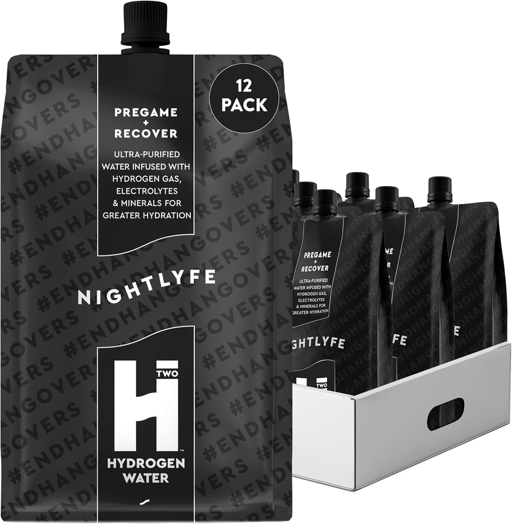 HTWO Nightlyfe Recovery, 16.9oz Premium hydrogen infundert vann med elektrolytter, vitaminer og mineraler, 12-Pack, funksjonell Hydration Packets for gjenoppretting og mental klarhet, sukkerfri