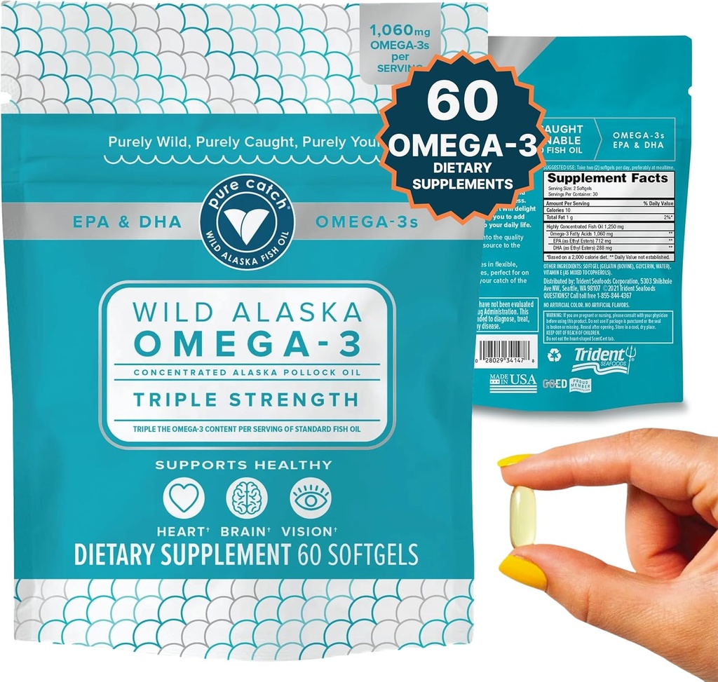 Trident Seafoods Pure Catch Wild Alaskan Fish Oil 1060mg Triple Styrke Omega-3 Fish Oil Supplement for kvinner og menn - EPA og DHA - 60 Ct. Daglige Citrus Soft Gel støtter hjerte, hjerne og visjon