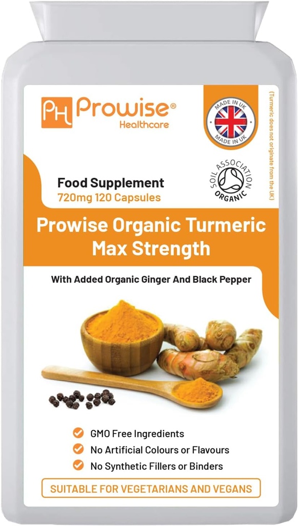 Organisk gurkemeie Curcumin 720mg - 120 kapsler | Økologisk gurkemeie og svart pepperkapsler høy styrke | Vegansk & vegetarisk gurkemeie kosttilskudd