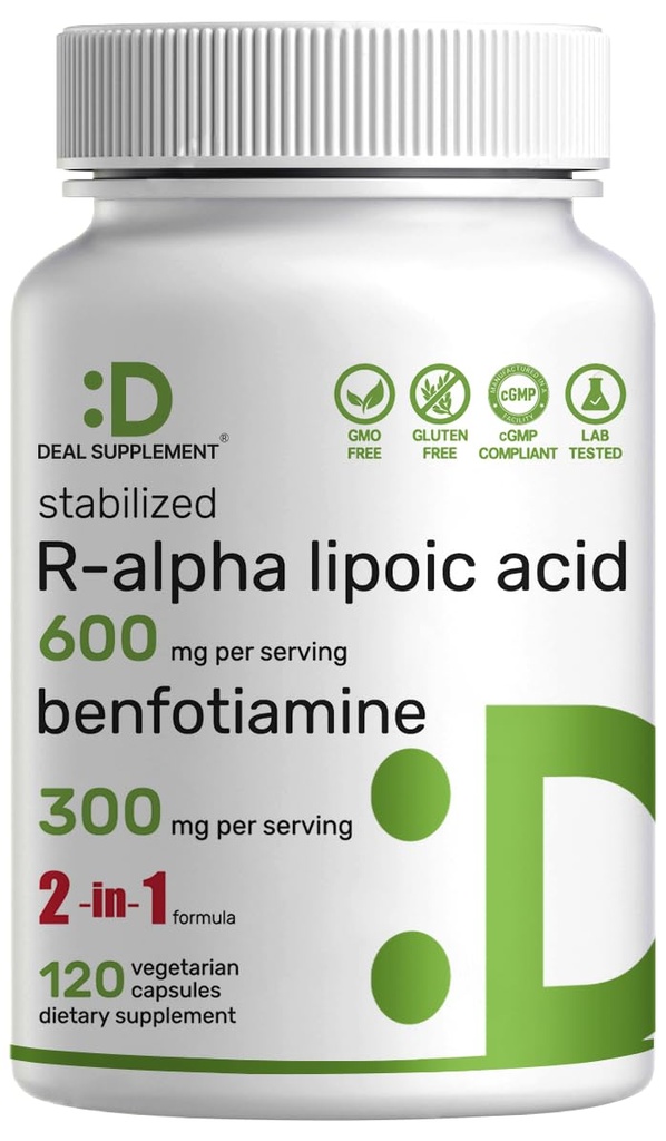 ENDRING R Alpha Lipoic Acid 600mg med Benfotiamin 300mg per servering, 120 Veggie Capsules – 200mg R-ALA per kapsel – Antioksidant Supplement for energi og nervesystem støtte