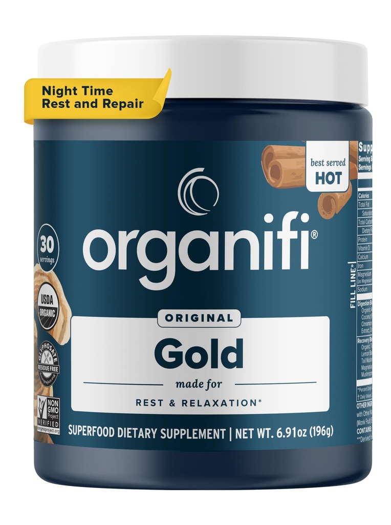 Organifi: Gull - Superfood Supplement pulver - 30 Serveringer - Stress Support, bedre hvile, avslapping og fremmer hvilefull søvn - Turmeric og Reishi Infused