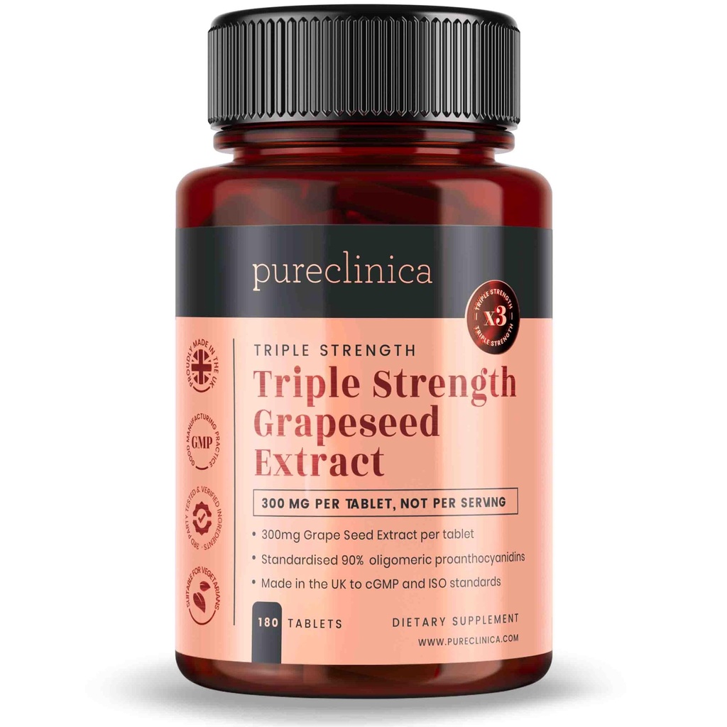 renclinica Grape Seed Extract 300 mg x 180 tabletter - 90% Oligomeric Proanthocyanidins. 300% sterkere enn vanlig kornfrø.