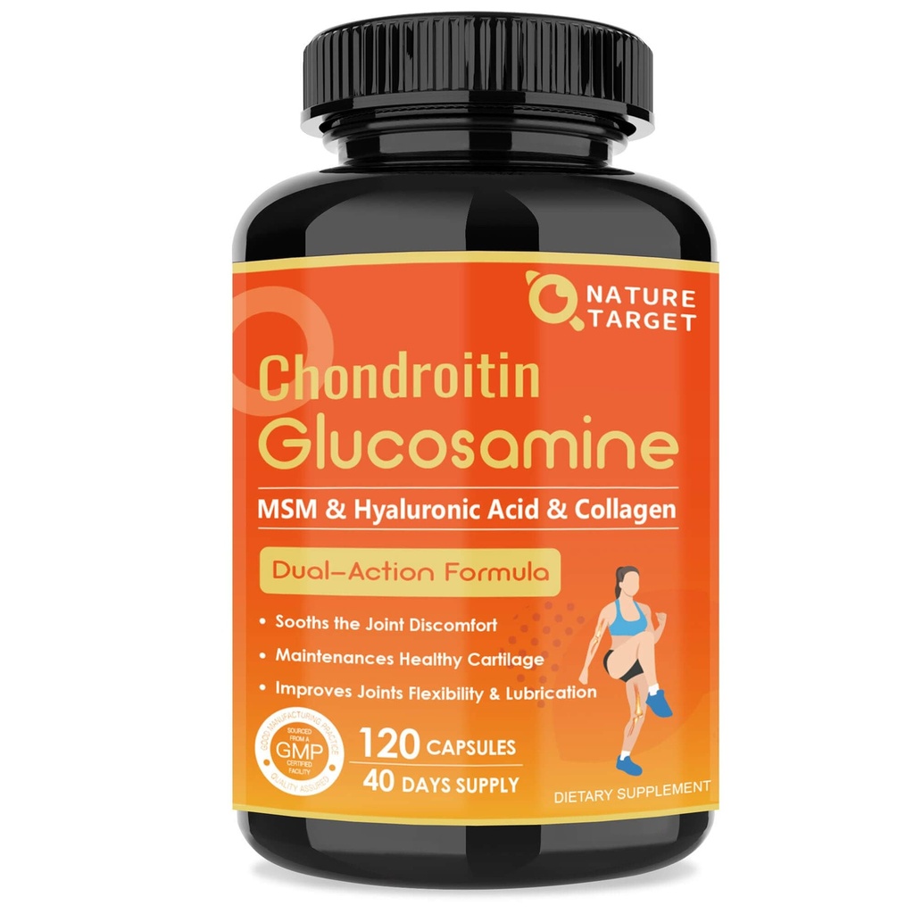 NATURE TARGET Glucosamine Chondroitin Joint Support Supplement - Plus MSM, Collagen, Turmeric, Shellfish Gratis, Støtter Joint, Knuser, Cartilage, for menn og kvinner, 120 Caps