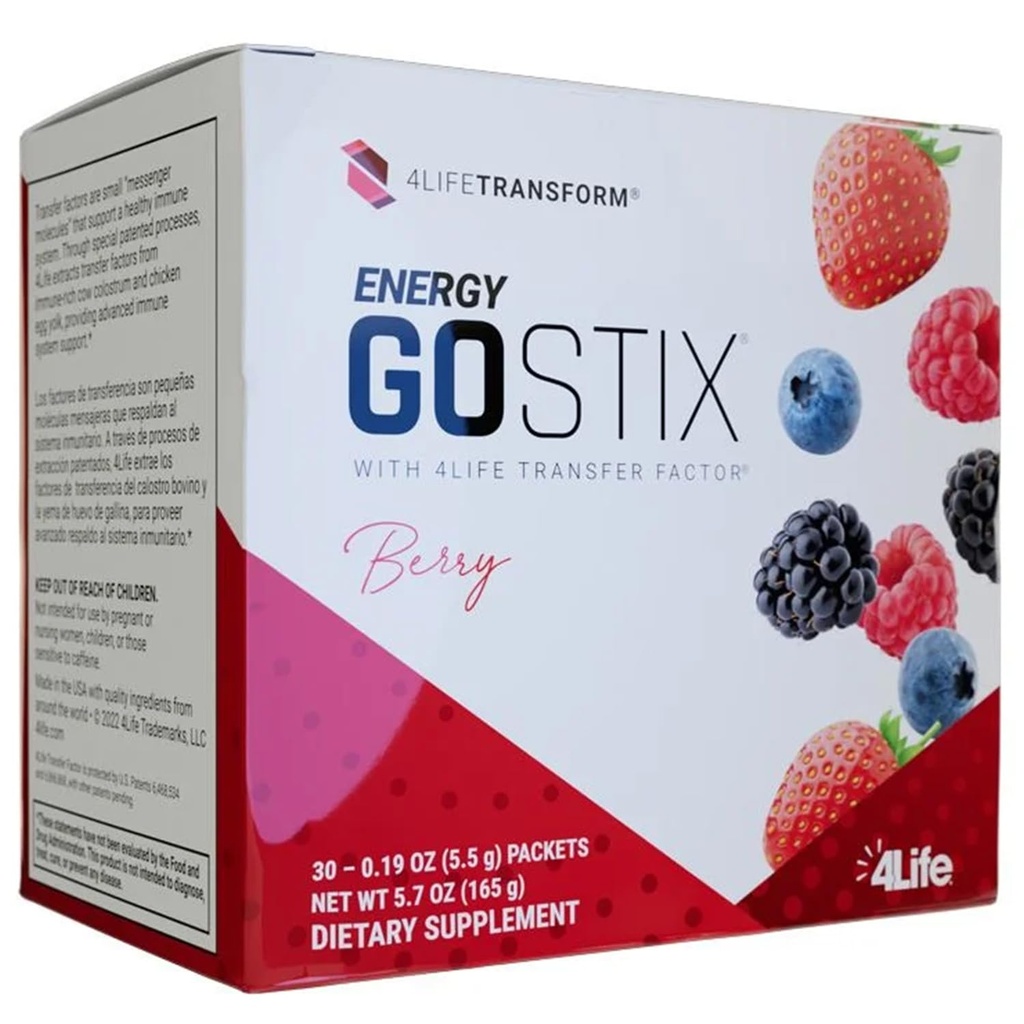4Life Energi Go Stix, Sunn Energy Drink Mix, Koffein fra Guarana, Maca, Yerba Mate og Grønn Te Leaf Extract, Berry Flavor - 30 Pakker