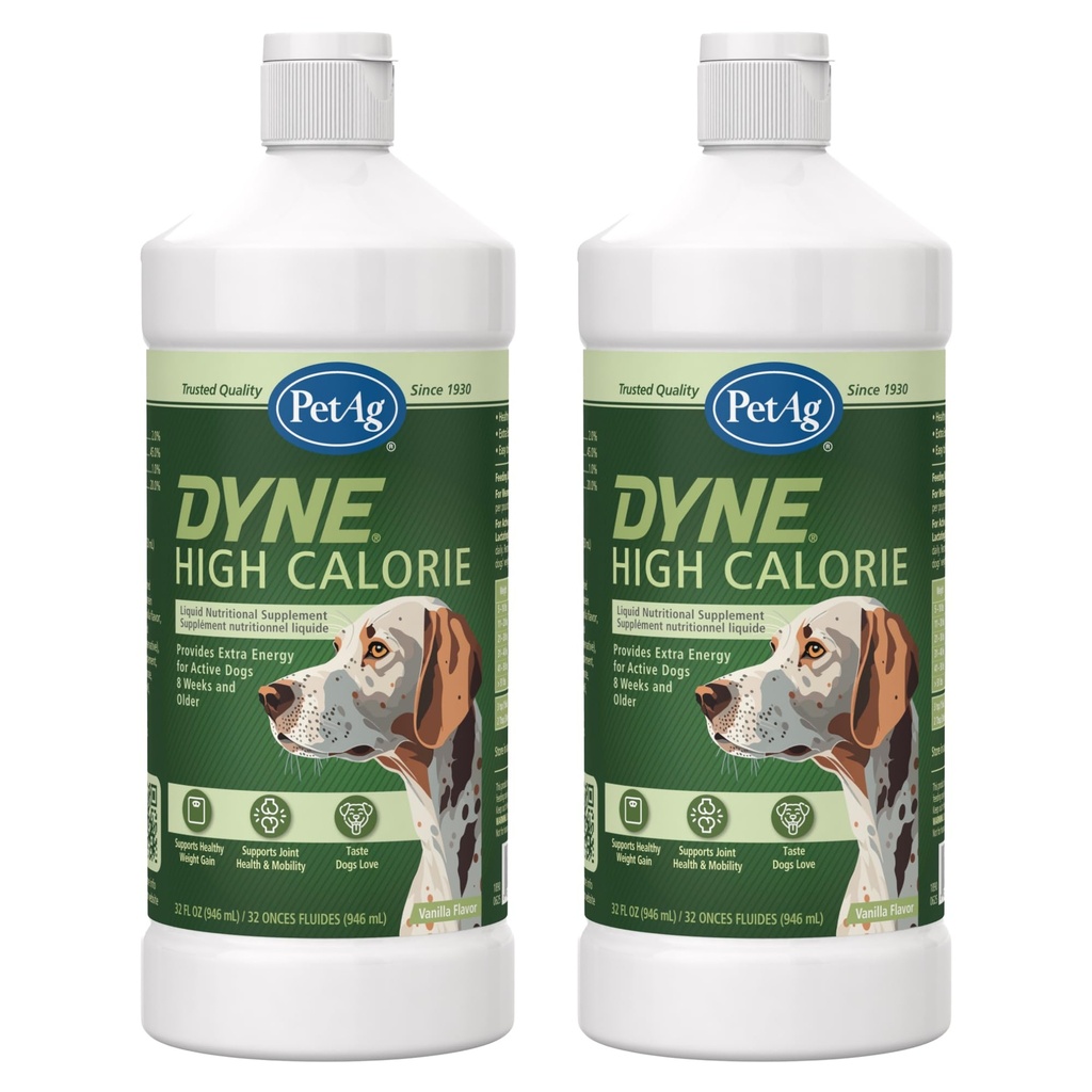 Pet-Ag Dyne Høy Calorie flytende kosttilskudd for hunder og valper 8 uker og eldre - 32 oz, pakke med 2 - Støtter ytelse og utholdenhet - Sweet Vanilla Flavor