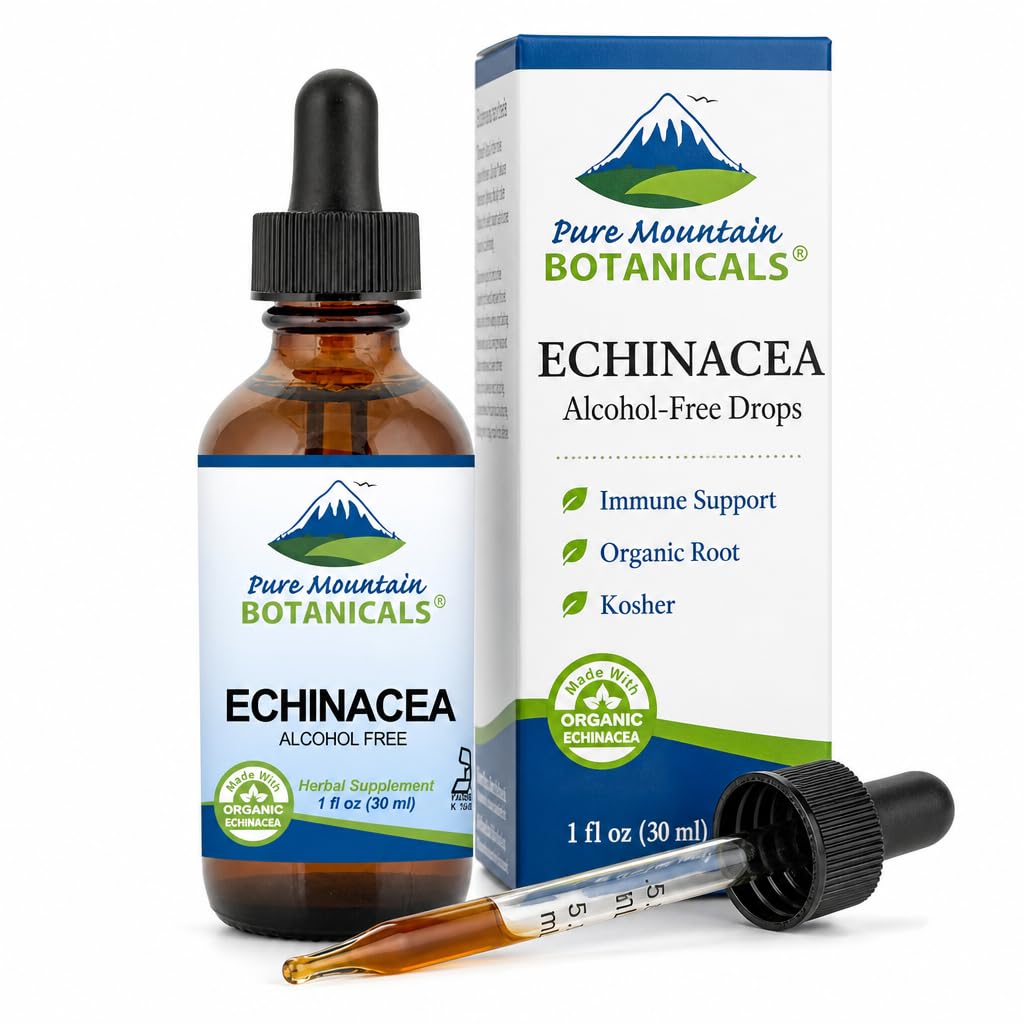 Pure Mountain Botanicals flytende Echinacea Drops – Kosher Tinktur alkohol gratis ekstrakt - 500mg organisk Echinacea -1oz flaske
