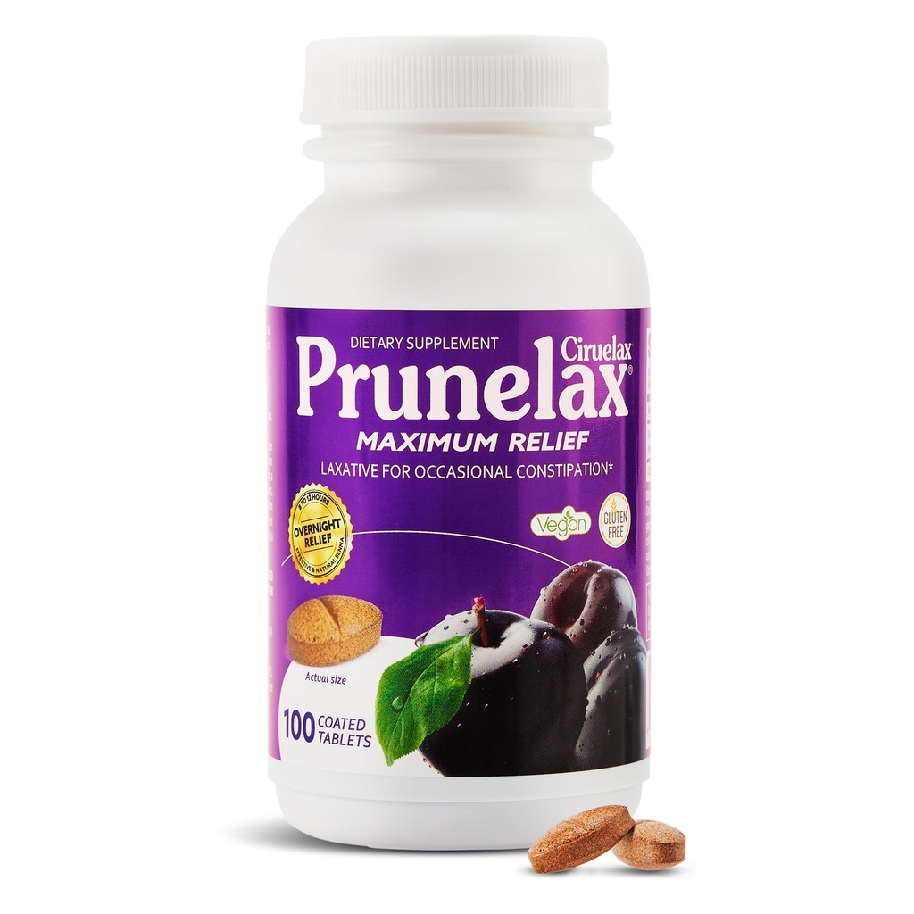 Prunelax Ciruelax Maksimum relief Laxative Tabletter med naturlig senna for anledninger, Senna ekstrakt, Vegansk & Glutenfri, Gentle Overnattings Relief - 100ct
