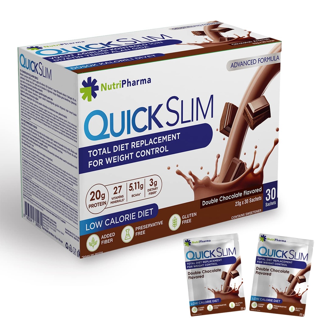 Hurtig Slim måltid erstatningsshake for vekttap, 30 serveringer, 20g Protein, 27 vitaminer og mineraler, diettfiber, lav carb, glutenfri (Dobbel sjokolade, 30 Sachets)