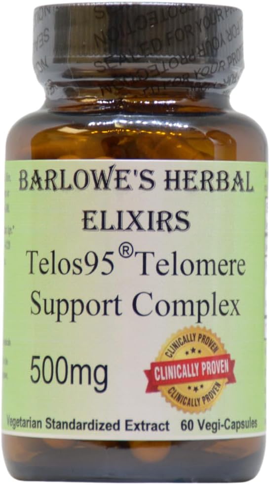 Barlowe's Herbal Elixirs Telos95® Telomere støttekompleks | Avansert Cellular Health & Longevity Formula | 500mg med Astragalus  Extract Ikke-GMO, Stearate-Free, Glassflaske