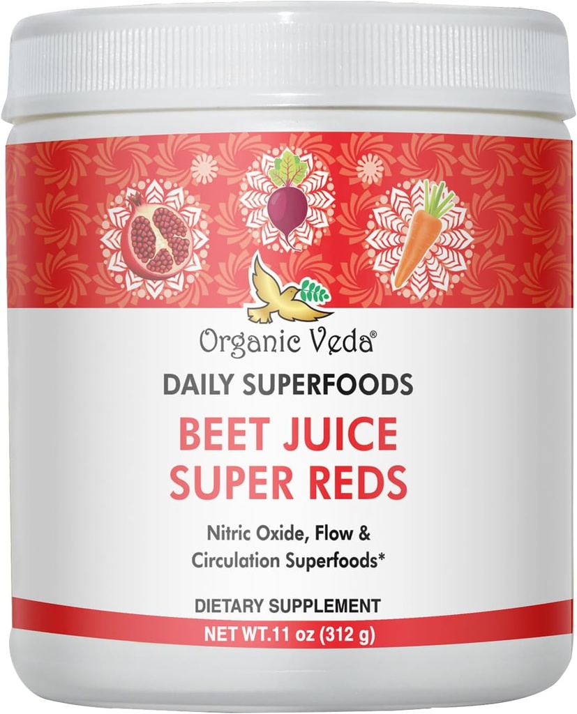 Organic Veda Beet Root Powder Juice Supplement med Superfood Reds - Beet Juice pulver med nitrogenoksid å støtte sirkulasjon, energi, utholdenhet og Stamina - Vegan, ikke-GMO - 11 oz