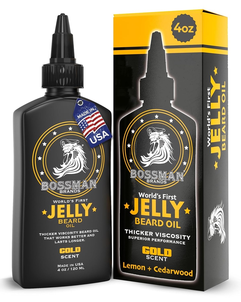 Bossman Jelly Beard Olje for menn (4 oz, gull sent) - Softens, Moisturizes og betingelser med naturlige ingredienser