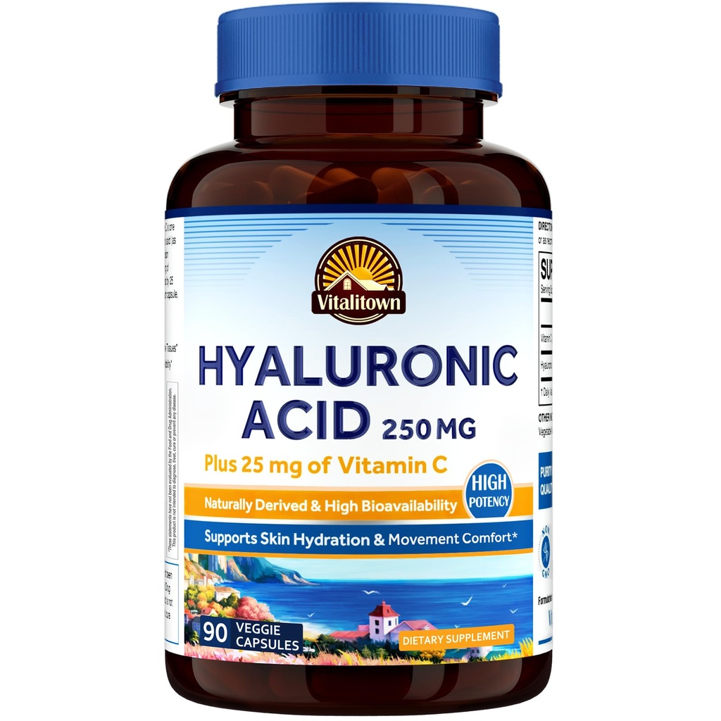 Vitalitown Hyaluronsyre Kosttilskudd 250 mg, pluss 25 mg vitamin C, naturlig avledet og høy biotilgjengelighet, hudhydrasjon, 90 vegankapsler, 3 måneders forsyning