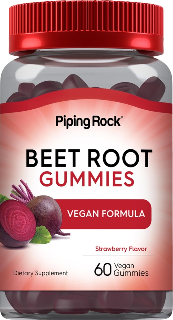 Piping Rock Beet Root Gummies | 60 greve | for menn og kvinner | Nitric Oxid Supplement | med vitamin C og svart Pepper | Strawberry Flavor | Vegan, ikke-GMO, Glutenfri