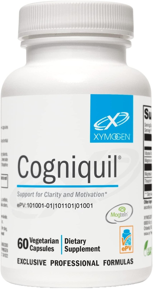 XYMOGEN Cogniquil - Støtte for klarhet, fokus, motivasjon, mental og fysisk energi - Magnesium L-treonat for å levere biotilgjengelig magnesium til hjernen, teakrin + vitamin B12 (60 kapsler)