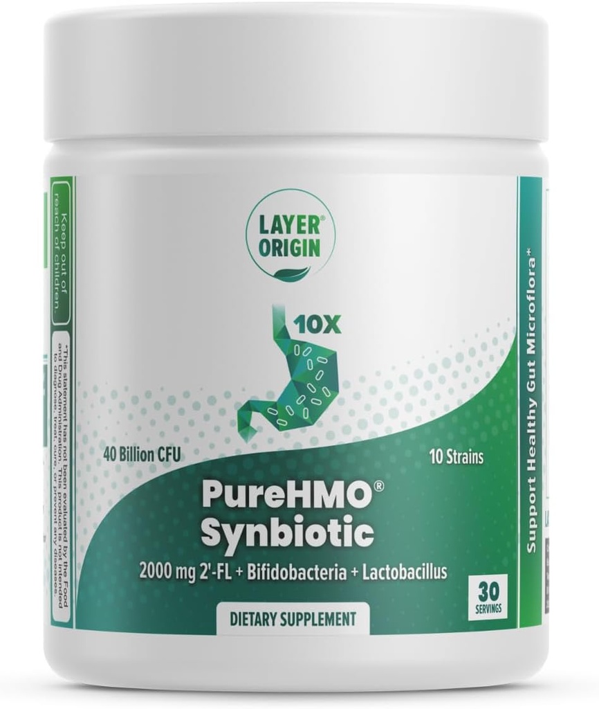 Layer Opprinnelse PureHMO Synbiotic: Prebiotic + Probiotic, 2000 mg Human Milk Oligosaccharider pulver, 10 Strains, 40 milliarder Probiotic - pulverform