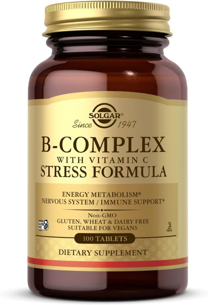 Solgar B-kompleks med vitamin C - 100 tabletter - Ikke-GMO, Vegansk, Kosher & Glutenfri - 50 Services