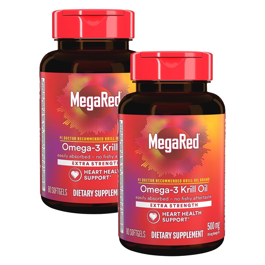 MegaRed ekstra styrke 500 mg Omega-3 krill olje Supplement med EPA / DHA, ingen fiskelig ettersmak støtter hjerte helse, 80 greve softgels (2 pakke)