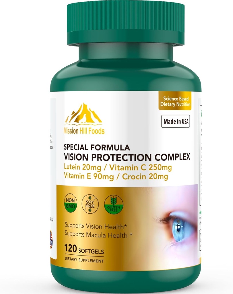 Lutein og Zeaxanthin kosttilskudd - 6 i 1 Vision Protection Complex med Lutein 20 mg, Zeaxanthin, Astaxanthin, Crocin, Vitamin C & E, 120 Softgels, Ikke-GMO, Glutenfri, støtter øyehelse