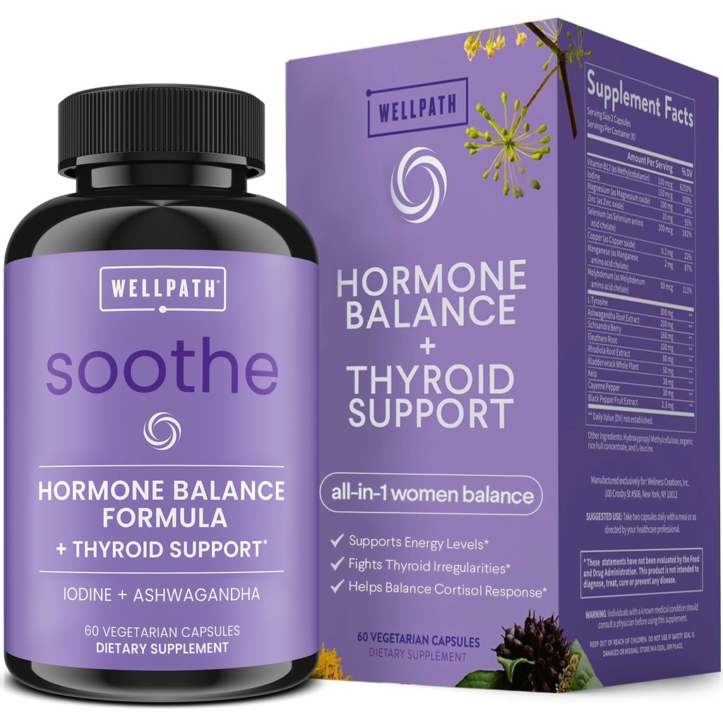 WellPath Soothe Hormon Balance for kvinner + Cortisol Supplements for kvinner Thyroid Support, Mood Support, & Metabolisme Booster | Adrenal Support | Rhodiola, Selenium, Iodine | Adaptogens, 60 ct