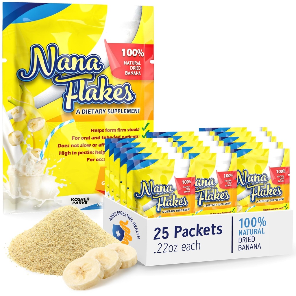 Nana flakes 100% ren banan flakes medisinsk mat pulver - reduserer fettinntak & naturlig remedi for diarré & hjerteforbrenning - god kilde til protein & fiber (25 enkeltserve pakker)