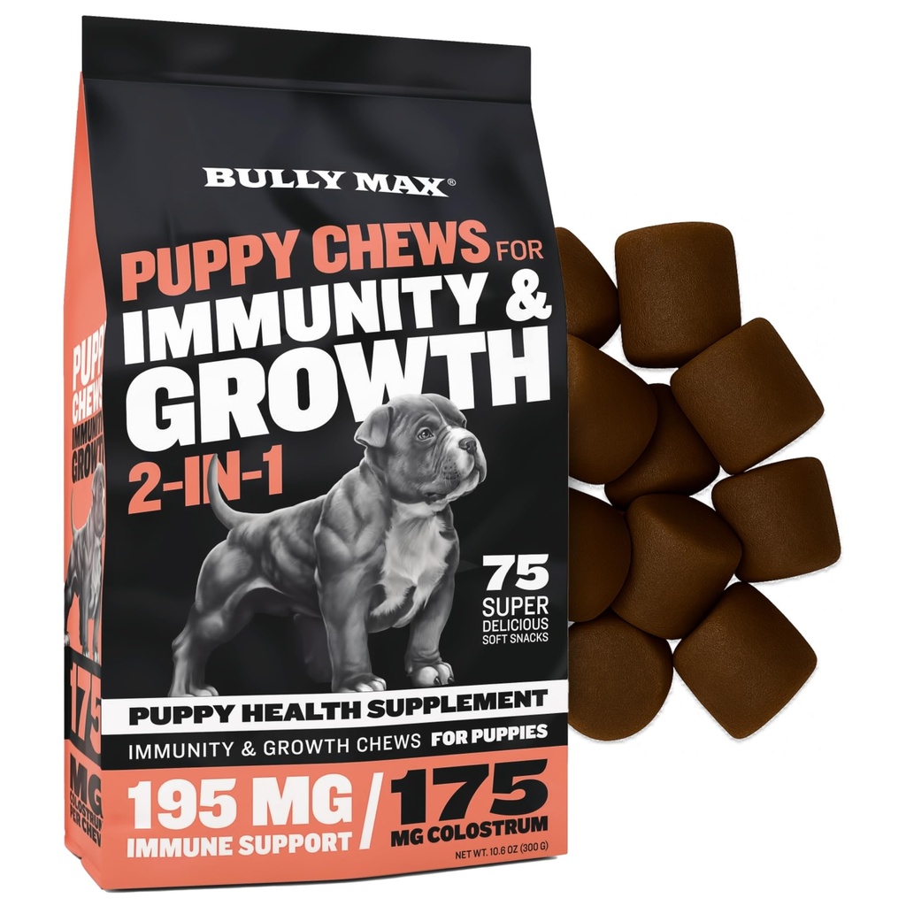 Bully Max 2-i-1 Puppy behandler myk Chews for immunisme og vekst - Hundevitaminer og kosttilskudd - Essential Multivitamin FoodTopper for helse og immunstøtte - små, middels og store avler