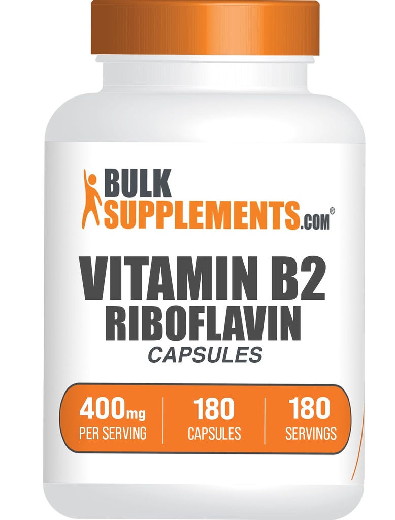 BulkSupplements.com Riboflavin Kapsler - Vitamin B2 400 mg, Riboflavin 400mg - Essential B vitamin, Glutenfri, 1 Kapsel per servering, 180 Kapsler (Pack of 1)