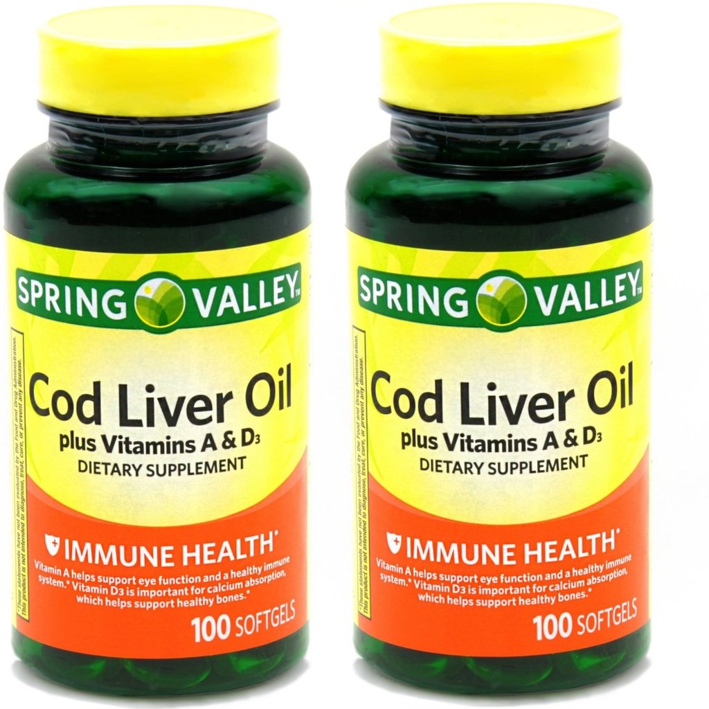 Spring Valley - Cod leverolje med vitamin A & D 100 softgels (pakke med 2)
