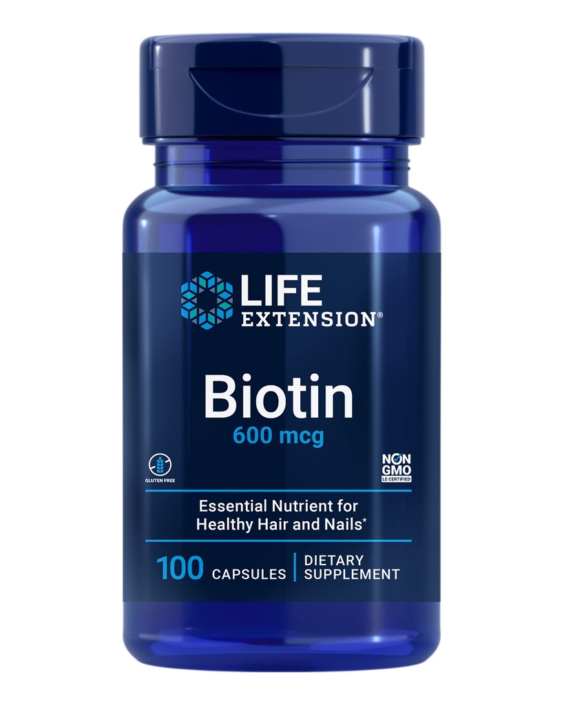 Livsforlengelse Biotin 600 mcg vitamin B7 støtte supplement for vakkert hår, negler og utover – Glutenfri, ikke-GMO - 100 kapsler