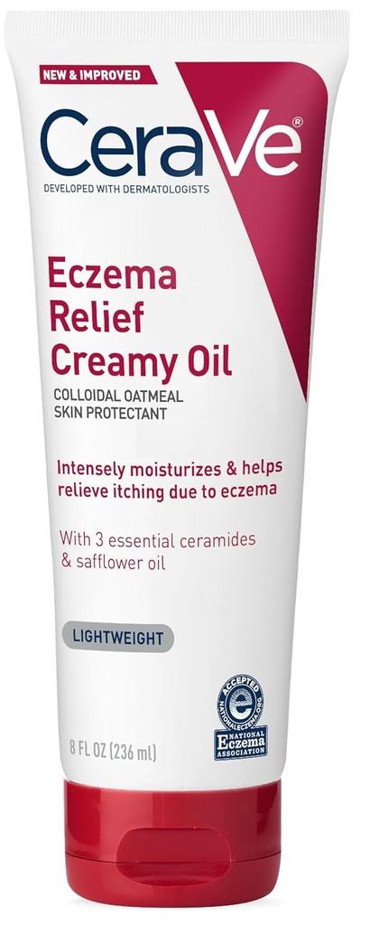 CeraVe Eczema Relief Kremet Body Oil, Eczema beroligende krem med colloideal havregryn og saflower olje for tørr hud og kløe hud relief, steroid gratis og paraben gratis, 8 Ounce
