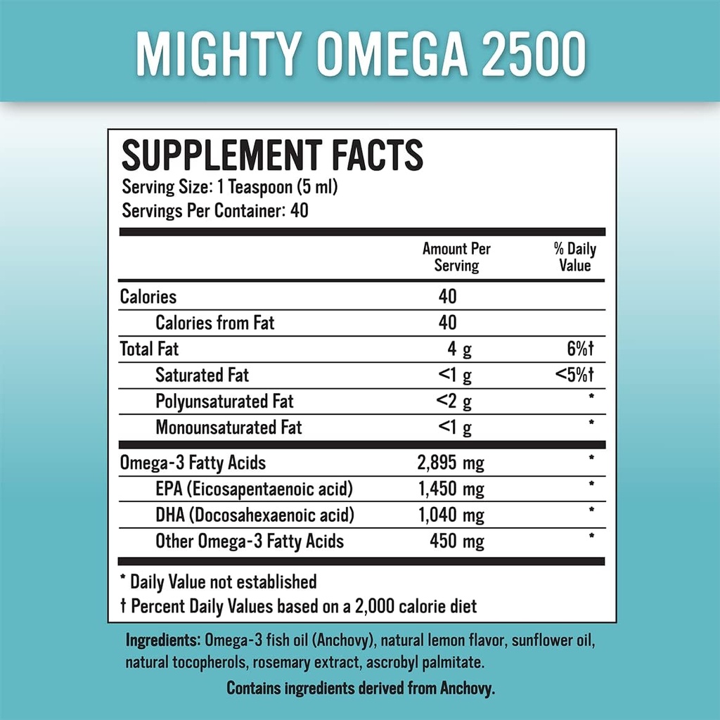 Mighty Omega 2500 Potent Omega 3 Supplement - 2500 MG EPA DHA Per Teaspoon - høy dose Omega 3 Fish Oil - Sørlige Stillehavet Anchovy Sourced - Triglyceride Omega 3 Fettsyre Supplement
