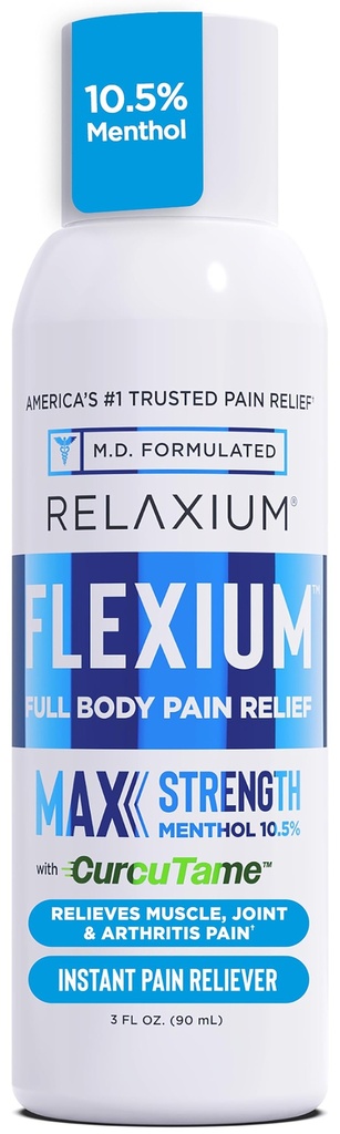 Relaxium Flexium Instant Spray for smerte, Maks styrke med 10,5% Menthol & CurcuTame, støtter muskel, ledd og ledsmerter smertelindring, 3 FL oz. (90 ml)