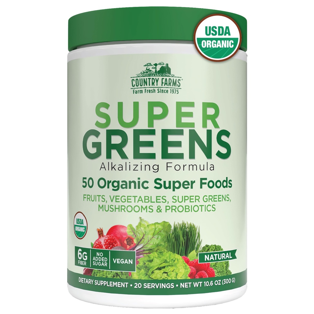 Landbruk Organic Super Greens Natural Flavor, 50 Organic Super Foods, pakket med fiber, USDA Økologisk Drikkemiks, Frukter, Grønnsaker, Mushrooms & Probiotika, Støtter Energi, 6g Fiber