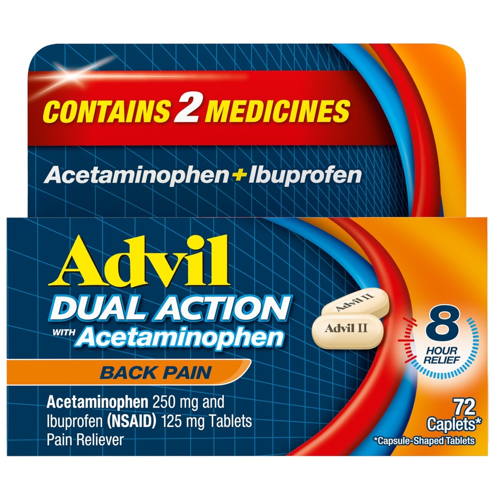 Advil Dual Action Tilbake Smerte Caplets Leverer 250 mg Ibuprofen og 500mg Acetaminophen Per Dose i 8 timers ryggsmerter Relief - 72 Teller