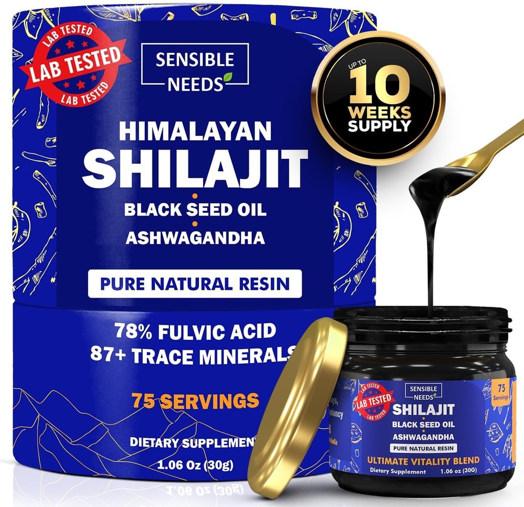 Pure Himalayan Shilajit Organic Resin Supplement, Shilajit for menn og kvinner med svart frøolje og Ashwagandha, Energi, Immunitet, 78% Fulvic Acid, 87+ Trace Minerals, 400 mg