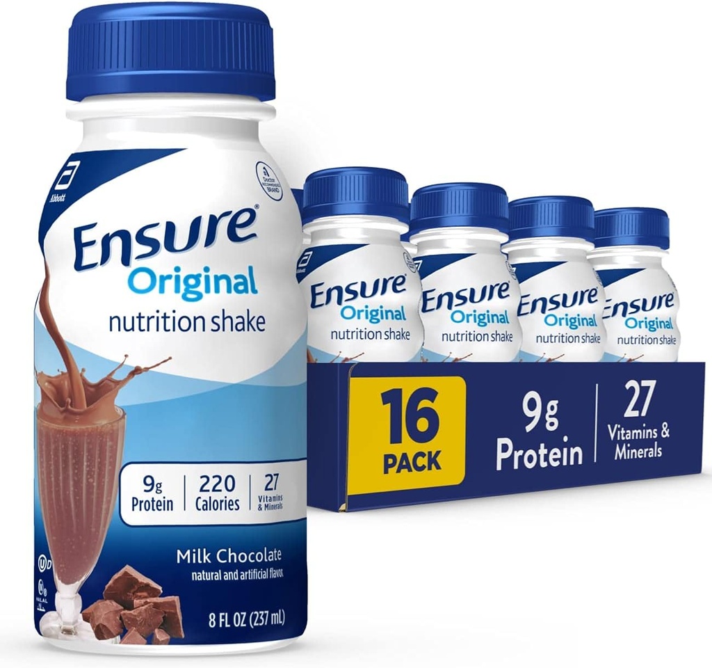 Sikre Original Melk Sjokolade Ernæringshake | Småmåltid Erstatningsshake | Klar til å drikke | 9g Protein, 27 vitaminer og mineraler | 8 fl oz - 16 Pack
