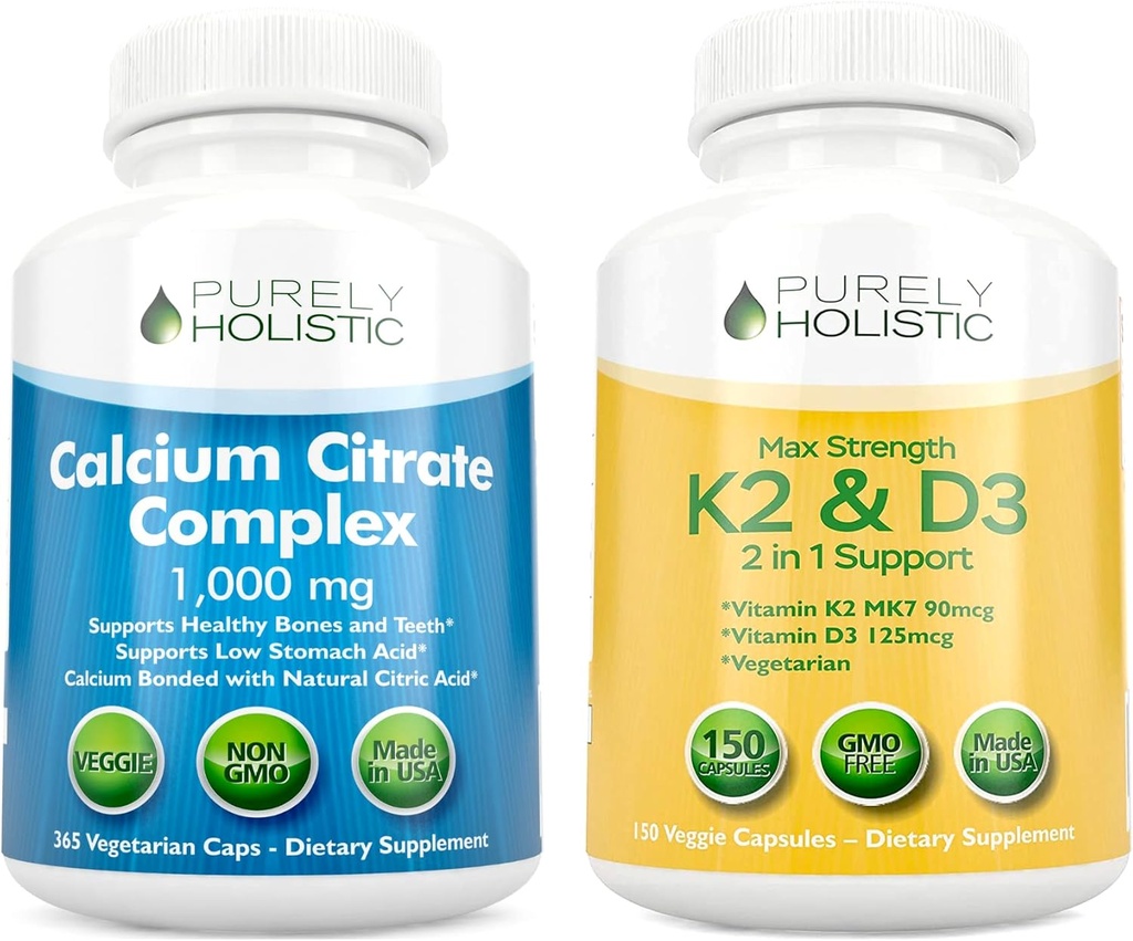 Rent Holistisk Kalsium Citrate Complex 1000mg + vitamin D3 125mcg K2 MK7 90mcg - 365 Vegan Kapsler + 150 vegetariske kapsler Bundle - laget i USA