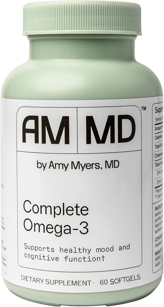 Amy Myers MD Complete Omega-3 Softgels - Fish Oil Supplement for kariovaskulær og immunsystem støtte - Ikke-GMO, ikke-Dærlig og ikke-Soy - 60 Softgels (60 Serveringer)