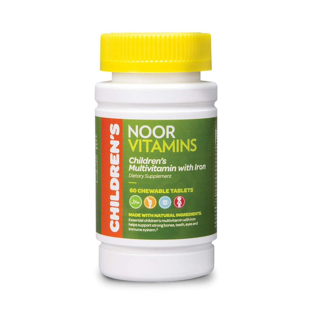 Noor vitaminer Halal Kids Multivitamin Chewable: essensielle vitaminer for immun, bein og øye helse med jern - Ikke GMO & Glutenfri - Halal vitaminer 60 greve (2 måneders forsyning)