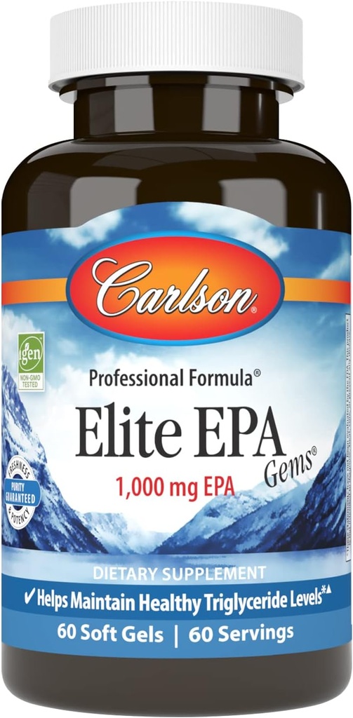 Carlson - Elite EPA Gems, 1000 mg EPA Fiskeolje, Wild-Caught, Norsk Fish Oil Supplement, Sustainablely Sourced, bidrar til å opprettholde sunne triglycerider nivåer, 60 Softgels