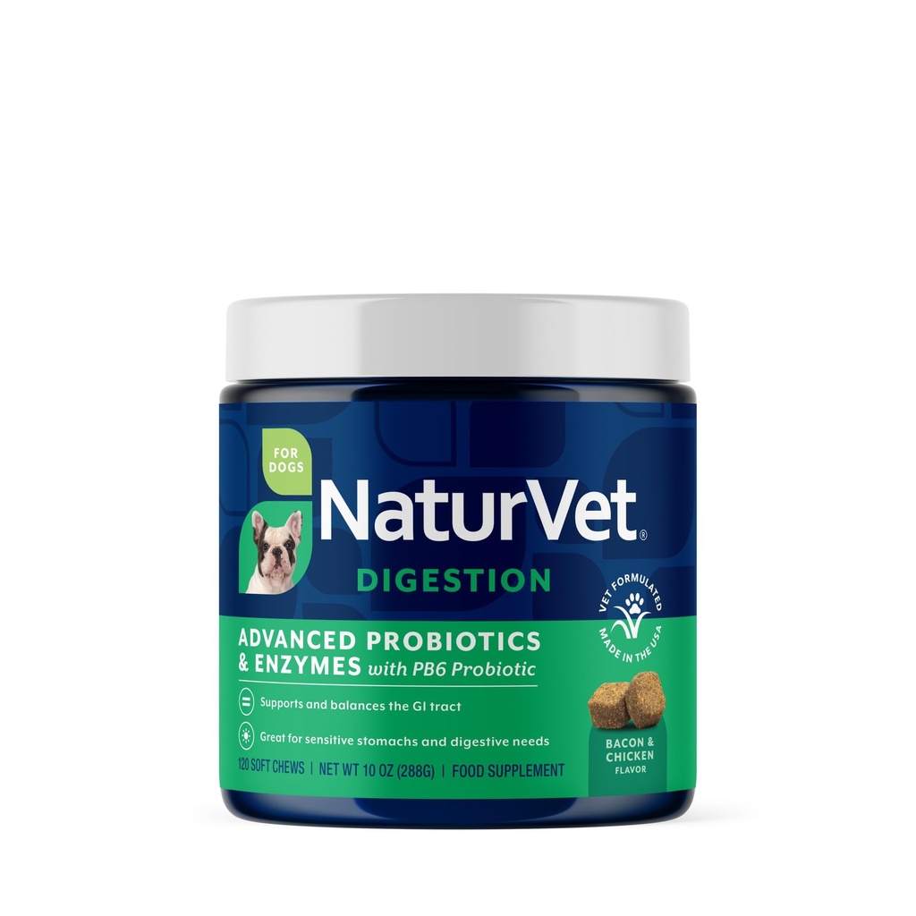 NaturVet Advanced Probiotics & Enzymes, PB6 Hund Mykt Chews å hjelpe sensitive mage og digestive problemer, Hickory røykt Bacon Flavored Pet Supplement for hunder over 6 uker, 120 teller Jar