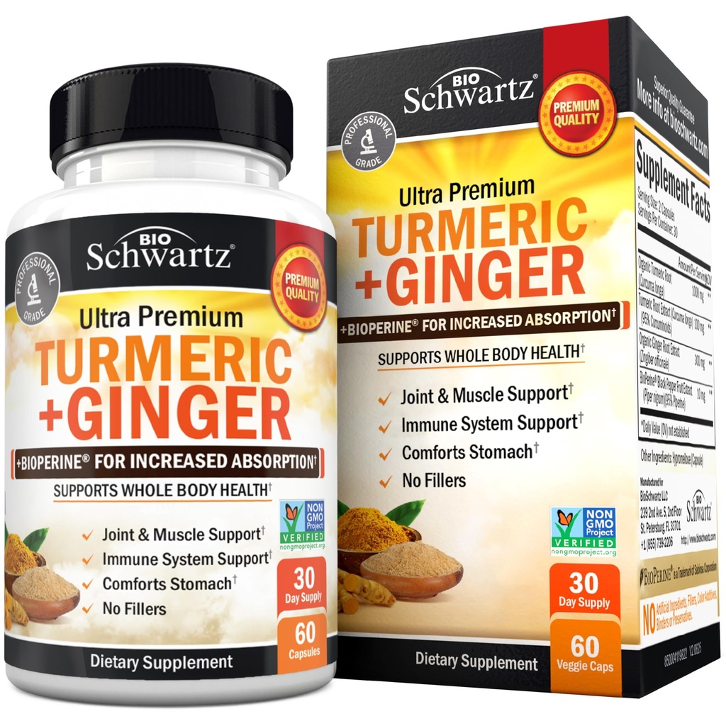 Turmeric Curcumin og Ginger Supplement - 95% Standardiserte Curcuminoids med BioPerine Black Pepper ekstrakt for ultra høy absorpsjon - Naturlig felles støtte Supplement - Glutenfri - 60 kapsler
