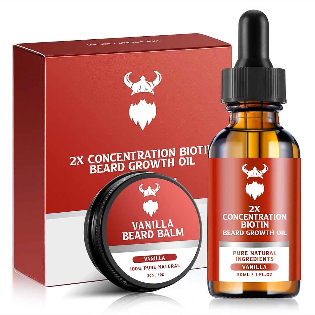 Beard Growth Kit - 2X Konsentrasjon Biotin for menn, naturlige ingredienser med Argan olje, Jojoba olje og vitamin (Vanilla)
