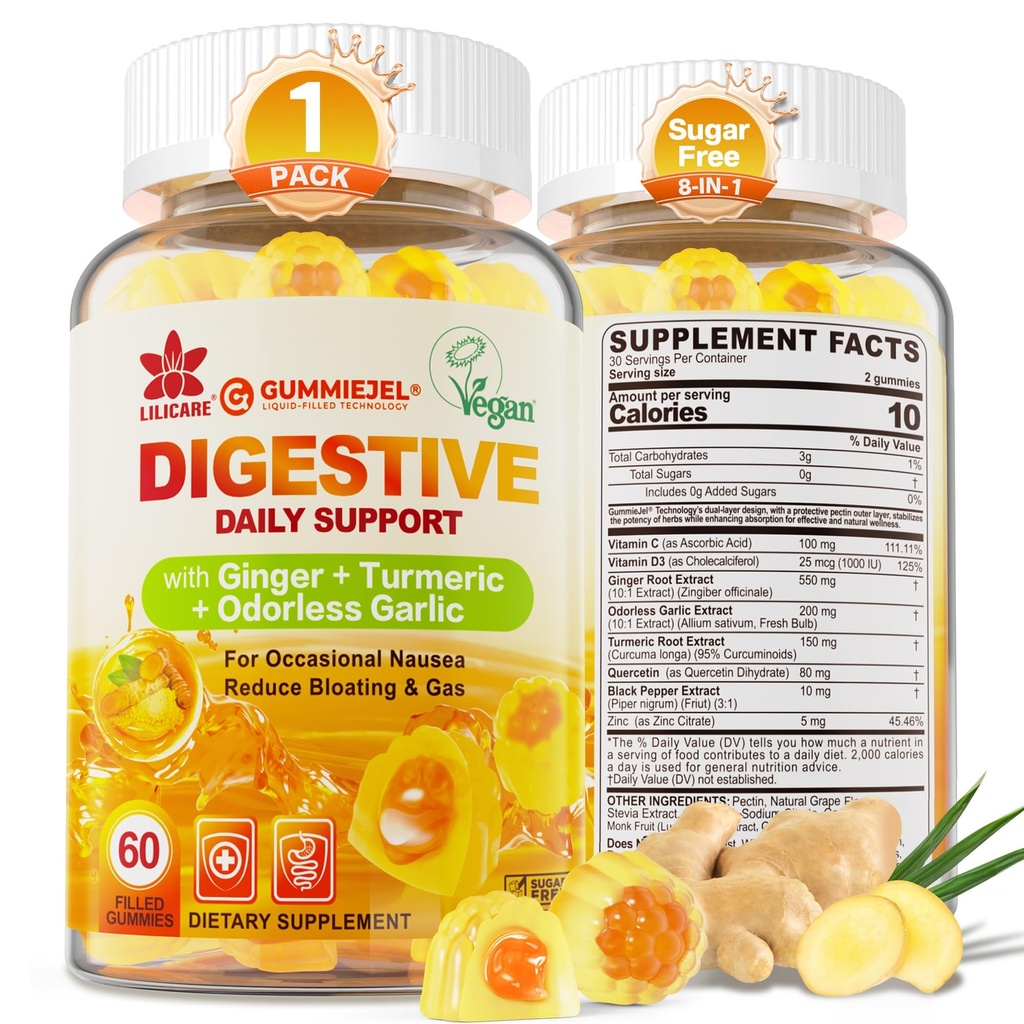 Ginger Chews Gummies for hemmende og digestiv støtte, mage relief - sukkerfri med gurkemeie og odorless hvitløk, Quercetin, vitamin D3, C, Delicious Digestive kosttilskudd, 60Cts (pakke av 1)