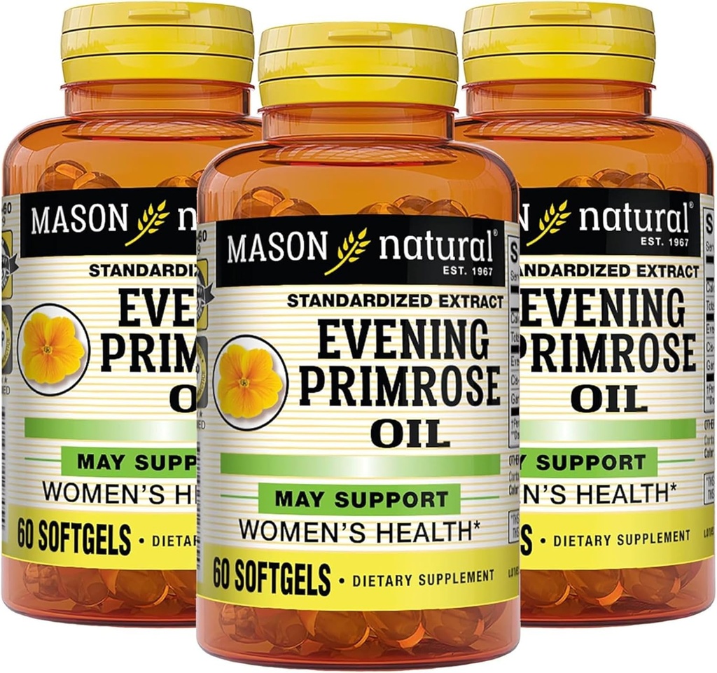 MASON NATURAL Aften Primrose Olje Softgels, 3 måneders forsyning, kan støtte kvinners hellig, 3 pakke (1 måned per flaske)