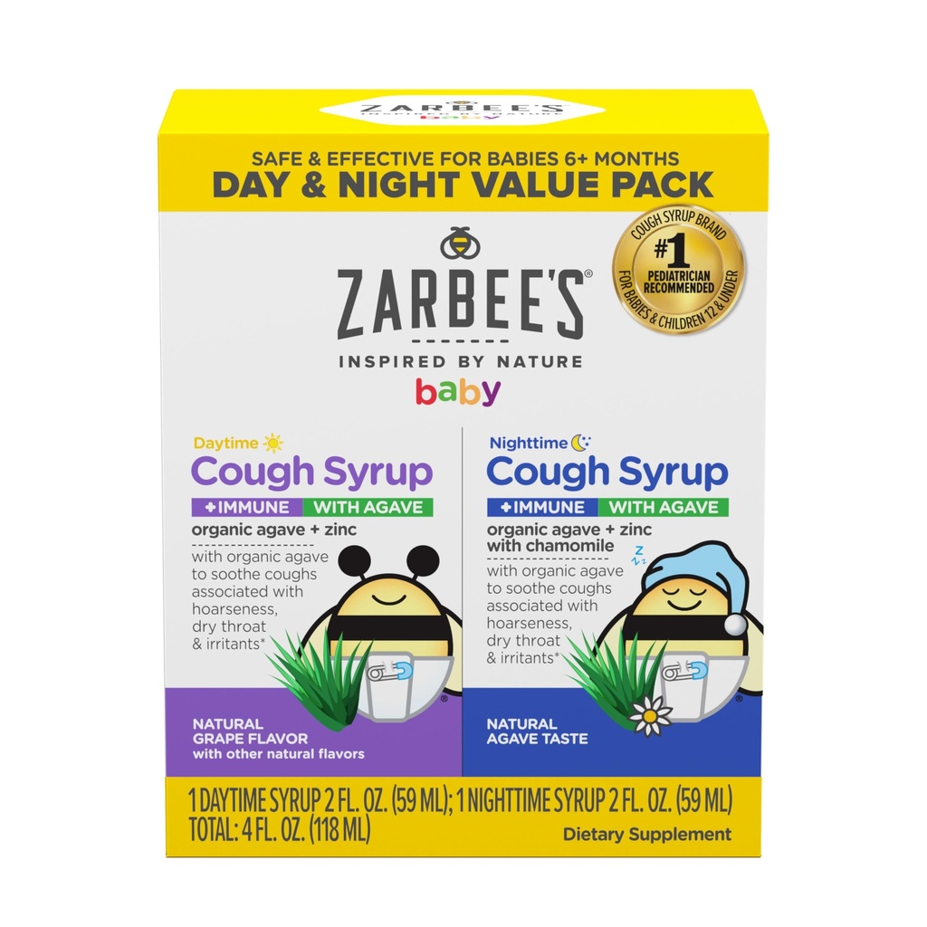 Zarbee baby dagtid og natttid Cough Syrup + Immune med organisk agave + sink, korn med kamille, agavesmak, to pakker, 2 x 2 fl oz