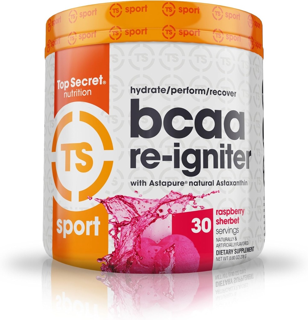 Topp hemmelig ernæring BCAA Re-Igniter Vegansk Aminosyre Supplement med Astaxanthin og elektrolytt, Hydration Blande med kokosvann, 9,80 oz (30 porsjoner), bringebær Sherbet