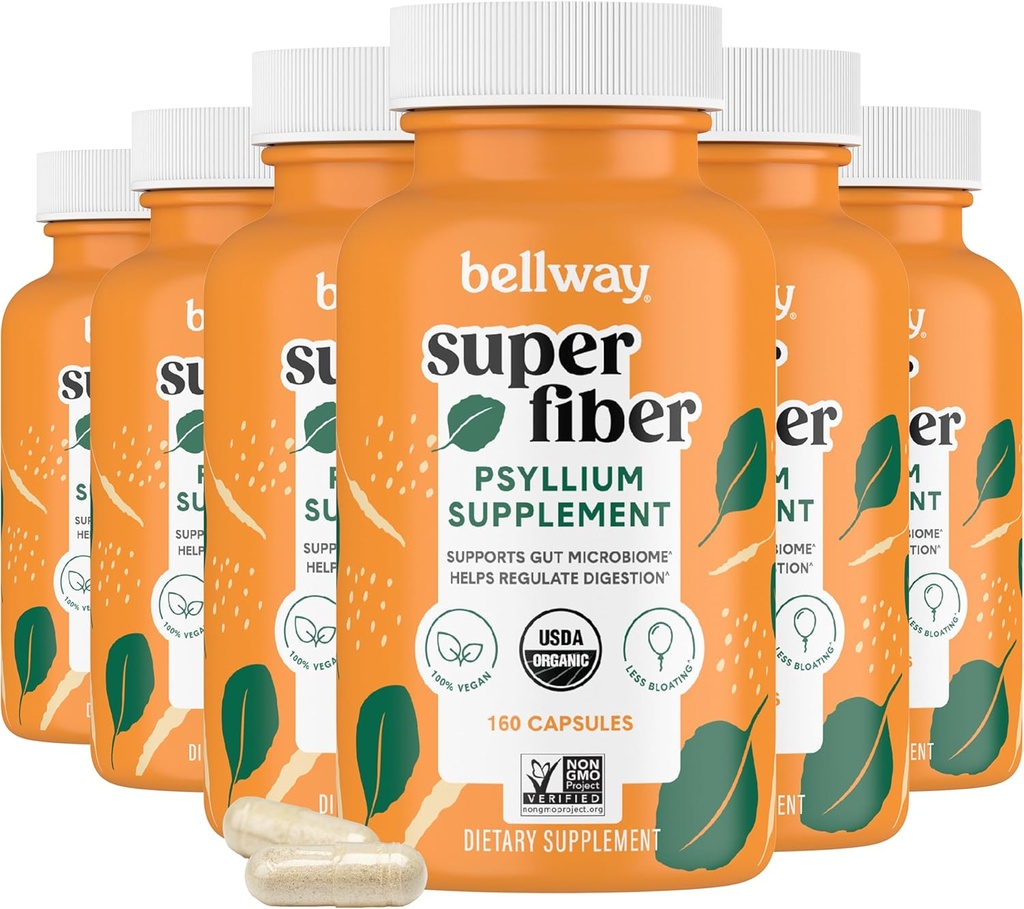 Bellway Super Fiber Capsules (6 Pakke) - USDA Organic Psyllium Husk Capsules - Daglig Psyllium Husk Fiber Supplement for Digestive Helse og Regelmessighet, Plant Basert, Ikke-GMO, Kosher - 960 Kapsler